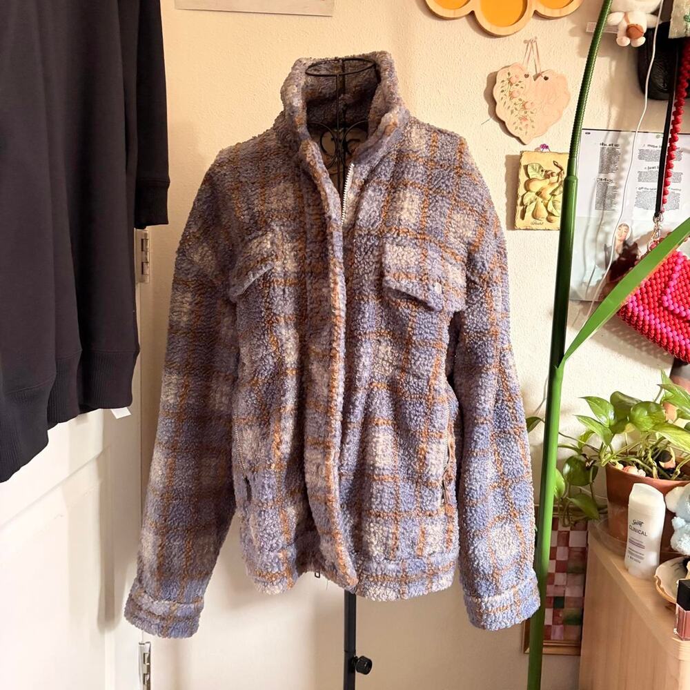 Free People Faded Dreams Plaid Sherpa Coat S